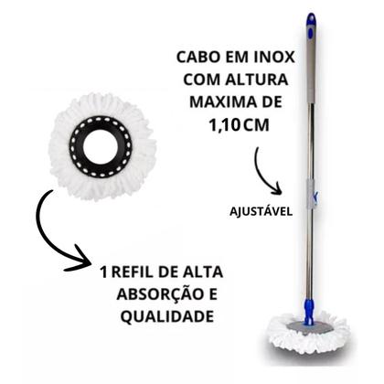 Imagem de Mop Giratório Balde Inox Esfregão Limpeza Pesada Cabo Extensível Microfibra 360 Original Dreno Rodo Mágico Profissional Casa Chão Tira Pó