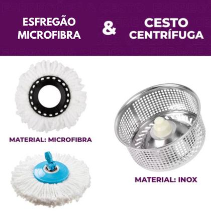 Imagem de Mop Giratório Balde Inox Esfregão Limpeza Pesada Cabo Extensível Microfibra 360 Original Dreno Rodo Mágico Profissional Casa Chão Tira Pó