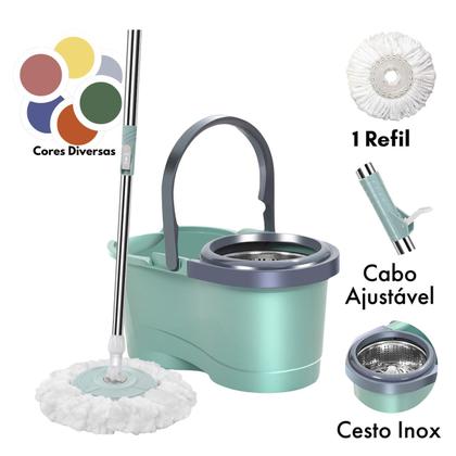 Imagem de Mop Giratório com Cesto Inox Esfregão Multiuso Refil Microfibra Lava Limpa e Seca Balde de 10 Litros sem Rodinhas para Limpeza Pesada