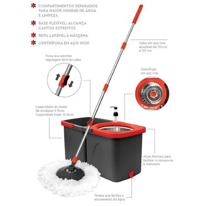 Imagem de Mop Giratório Duo em Inox com Balde 13L e Esfregão Cabo 1,25m