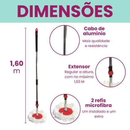 Imagem de Mop Giratório Plus Com Cesto Em Inox Cabo 150cm Completo Vermelho Kaftor