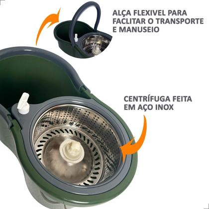 Imagem de Mop INMA Esfreguette Giratório Com Rodas 14L 360 Cesto Inox 3 em 1 Para Limpeza Esfregão Limpa Chão Balde Centrifuga + 3 Refis