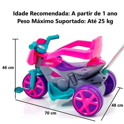 Imagem de Moto Andador Infantil Triciclo c/ Pedal Alça Removível de Empurrar Barra Proteção Rosa