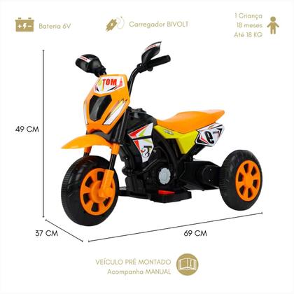 Imagem de Moto Elétrica Infantil Laranja Farol Led Acelerador Pedal Ré