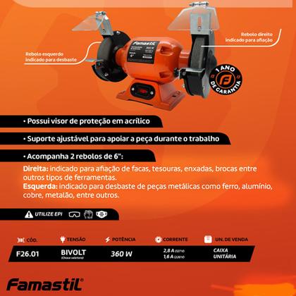 Imagem de Moto Esmeril de Bancada 6" 360W Monofásico Bivolt Famastil
