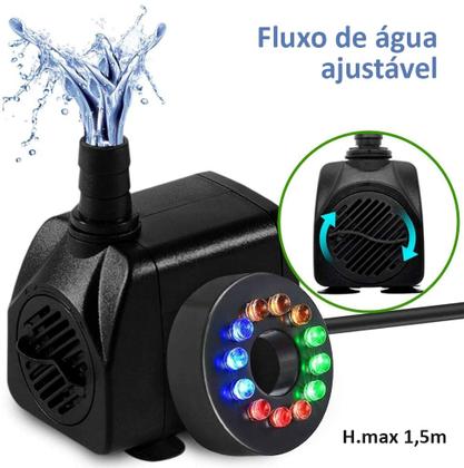 Imagem de Motor Bomba Submersa 1000L/h Com Luz LED 1,5m Para Chafariz Fonte De Água Aquário Lago