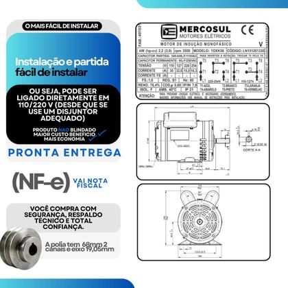 Imagem de Motor Elétrico Mono 3Cv Alta Rpm Compressor De 15 Pés Serra