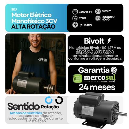 Imagem de Motor Elétrico Mono 3Cv Alta Rpm Compressor De 15 Pés Serra