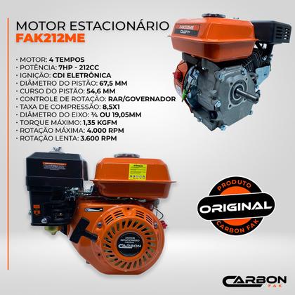 Imagem de Motor Estacionário a Gasolina 4T 7HP 212CC Partida Manual com Sensor de Óleo Carbon Fak