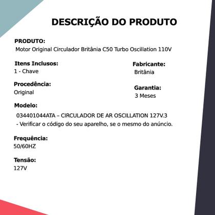 Imagem de Motor Original Circulador Britânia C50 Turbo Oscillation 110V