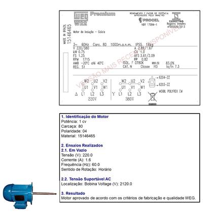 Imagem de Motor Trifásico 1.0cv WEG Eixo Longo para Forno Turbo