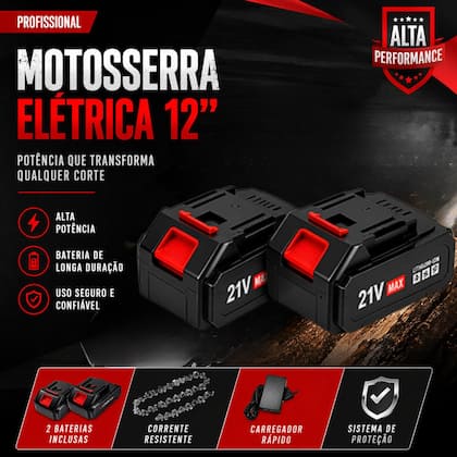 Imagem de MotoSerra Elétrica Potente Polegadas 2 Baterias E 3 Correntes Portátil Recarregável Profissional Marca Motoserra