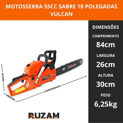 Imagem de Motosserra a Gasolina Vulcan VSL550 55cc 3HP Sabre 18” com Óleo 2T, Oleo de Corrente e Acessórios