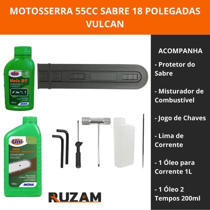 Imagem de Motosserra a Gasolina Vulcan VSL550 55cc 3HP Sabre 18” com Óleo 2T, Oleo de Corrente e Acessórios