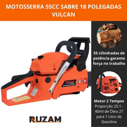 Imagem de Motosserra a Gasolina Vulcan VSL550 55cc 3HP Sabre 18” com Óleo 2T, Oleo de Corrente e Acessórios