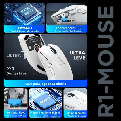 Imagem de Mouse Gamer Ergonomico Sem Fio/Com Fio Attack Shark R1 Com DPI Ajustável De 18000dpi Para PC, Laptop