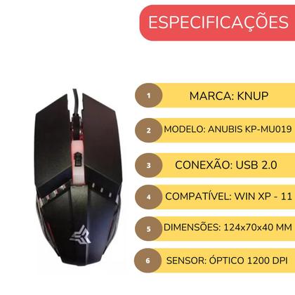 Imagem de Mouse Gamer Knup Anubis 1200dpi Optical Led Rgb Com Fio USB