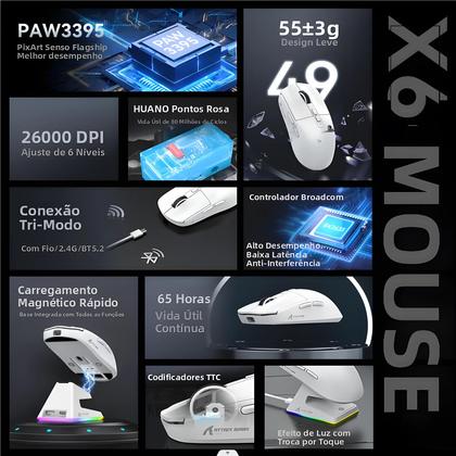 Imagem de Mouse Gamer RGB Sem Fio Attack Shark X6 Com Base De Carregamento Magnética 26000DPI 1KHZ PixArt