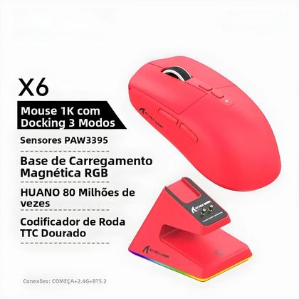 Imagem de Mouse Gamer RGB Sem Fio Attack Shark X6 Com Base De Carregamento Magnética 26000DPI 1KHZ PixArt