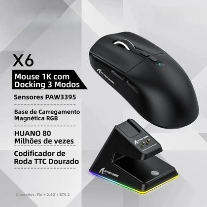 Imagem de Mouse Gamer RGB Sem Fio Attack Shark X6 Com Base De Carregamento Magnética 26000DPI 1KHZ PixArt