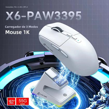 Imagem de Mouse Gamer RGB Sem Fio Attack Shark X6 Com Base De Carregamento Magnética 26000DPI 1KHZ PixArt