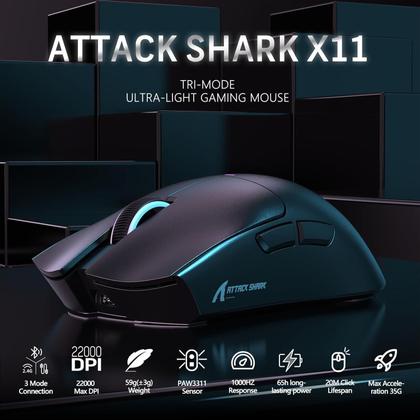 Imagem de Mouse Gamer Sem Fio Attack Shark X11, 22000 DPI, 59G, Tri-Mode com Dock Magnético, RGB, Preto