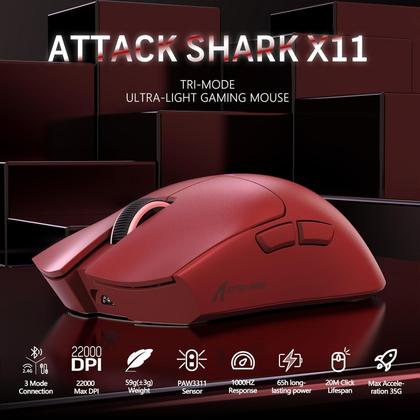 Imagem de Mouse Gamer Sem Fio Attack Shark X11, 22000 DPI, 59G, Tri-Mode com Dock Magnético, RGB, Vermelho