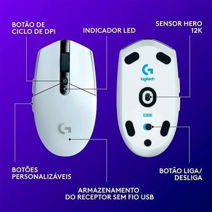 Imagem de Mouse Gamer Sem Fio Logitech G305 Lightspeed, 12.000 DPI, 6 Botões Programáveis, Branco - 910-005290