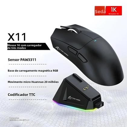 Imagem de Mouse Gamer Ultra-Leve Hot Attack Shark X11 Bluetooth PAW3311 Modo Triplo Dock De Carregamento
