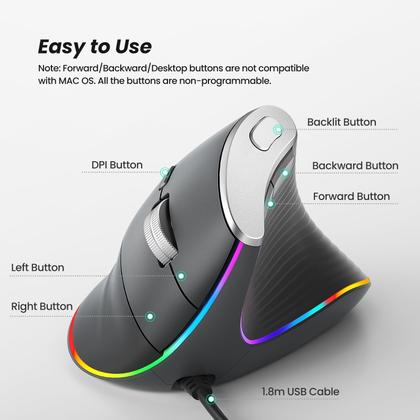 Imagem de Mouse Nulea M504 com fio vertical USB ergonômico 4 DPI 11 RGB