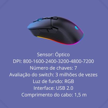 Imagem de Mouse Óptico Com Fio para Computador Preta 7200DPI com RGB