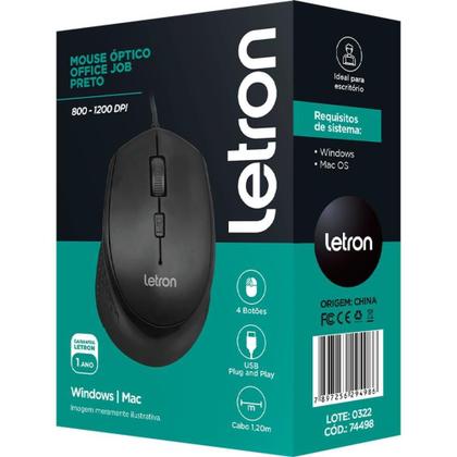 Imagem de Mouse Optico USB Letron 1200DPI Office JOB PT