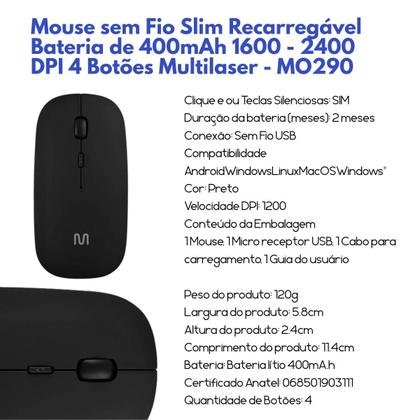 Imagem de Mouse Sem Fio 2.4ghz Recarregável Lithium Usb Mo290 Cor Preto