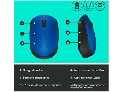 Imagem de Mouse sem fio Logitech M170 com Design Ambidestro Compacto, Conexão USB e Pilha Inclusa, Azul - 910-004800
