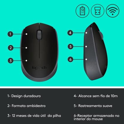 Imagem de Mouse sem fio Logitech M170 com Design Ambidestro Compacto, Conexão USB e Pilha Inclusa, Preto - 910-004940