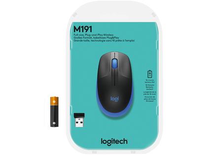 Imagem de Mouse sem fio Logitech M190 com Design Ambidestro de Tamanho Padrão, Conexão USB e Pilha Inclusa, Azul - 910-005903