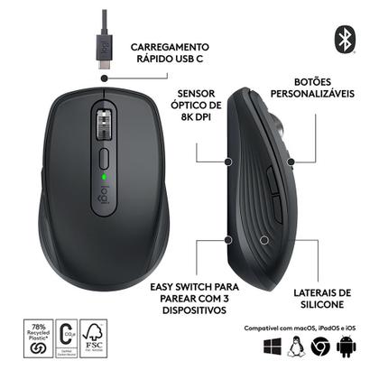 Imagem de Mouse Sem Fio Logitech MX Anywhere 3S, Bluetooth, Clique Silencioso, Recarregável, Grafite - 910-006932