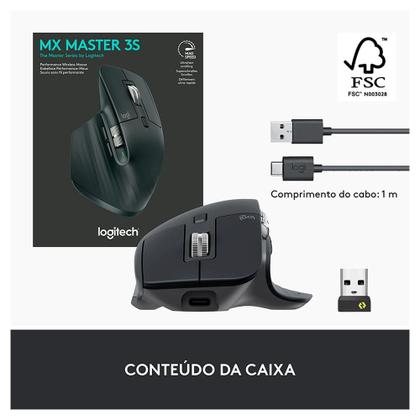 Imagem de Mouse Sem Fio Logitech MX Master 3S, 8000 DPI, Bluetooth, USB, para Uso em Qualquer Superfície, Clique Silencioso, Grafite - 910-006561