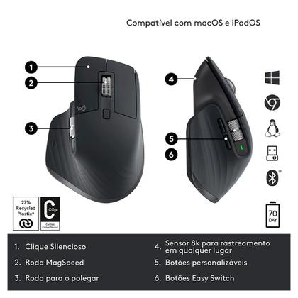 Mouse Sem Fio Logitech MX Master 3S, 8000 DPI, Bluetooth, USB