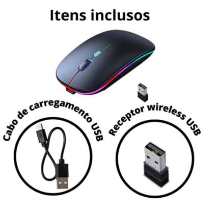 Imagem de Mouse Sem Fio Wireless- Preto Com Bateria Interna Recarregavel 2,4 Ghz Led RGB, tablet notebook - Tw