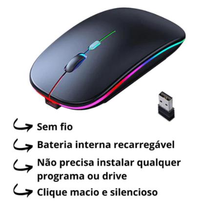 Imagem de Mouse Sem Fio Wireless- Preto Com Bateria Interna Recarregavel 2,4 Ghz Led RGB, tablet notebook - Tw