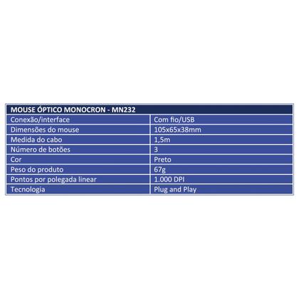 Imagem de Mouse USB Óptico Com Fio 1000 DPI Cabo 1.5m Monocron MN232 Preto