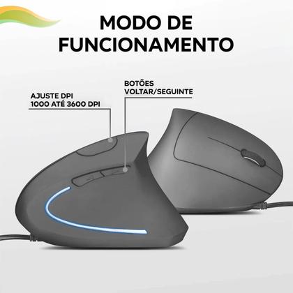 Imagem de Mouse Vertical Gamer Ergonômico 3600 DPI 6 Botões Led