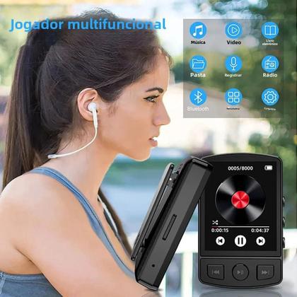 Imagem de MP3 Player Bluetooth 5.2 Portátil com Clip - Tela de 1,8" e Som de Alta Fidelidade