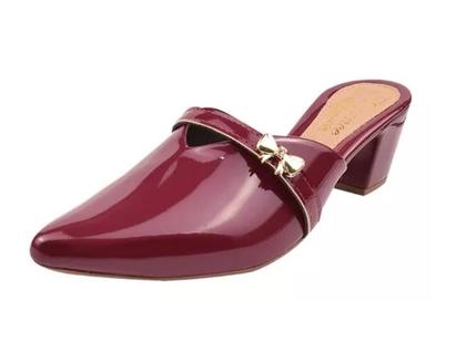 Imagem de Mule Scarpin Marsala Salto Grosso Lacinho Sapato Bico Fino Verniz