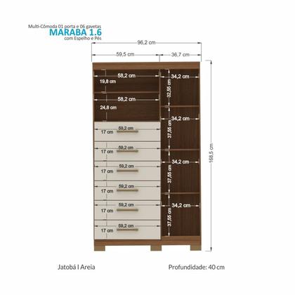 Imagem de Multi-Cômoda 1 Porta 6 Gavetas Marabá com Espelho e Pés
