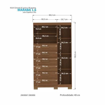 Imagem de Multi-Cômoda Marabá 1.6 1 Porta e 6 Gavetas com Pés e Espelho - Santos Andirá