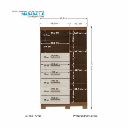 Imagem de Multi-Cômoda Marabá 1.6 1 Porta e 6 Gavetas com Pés e Espelho - Santos Andirá