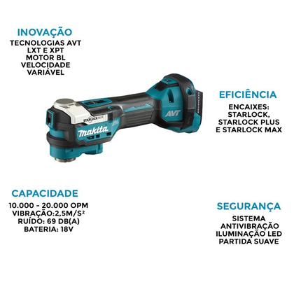 Imagem de Multicortadora a bateria 18v Dtm52z Makita encaixe Starlock + 2 baterias 3,0Ah + carregador bivolt