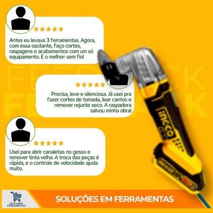 Imagem de Multiferramenta Oscilante A Bateria CMLI20228 Ingco 20V Com 6 Velocidades Até 20000RPM Ângulo de Oscilação 3.2 Graus Com Bateria 2.0Ah e acessórios